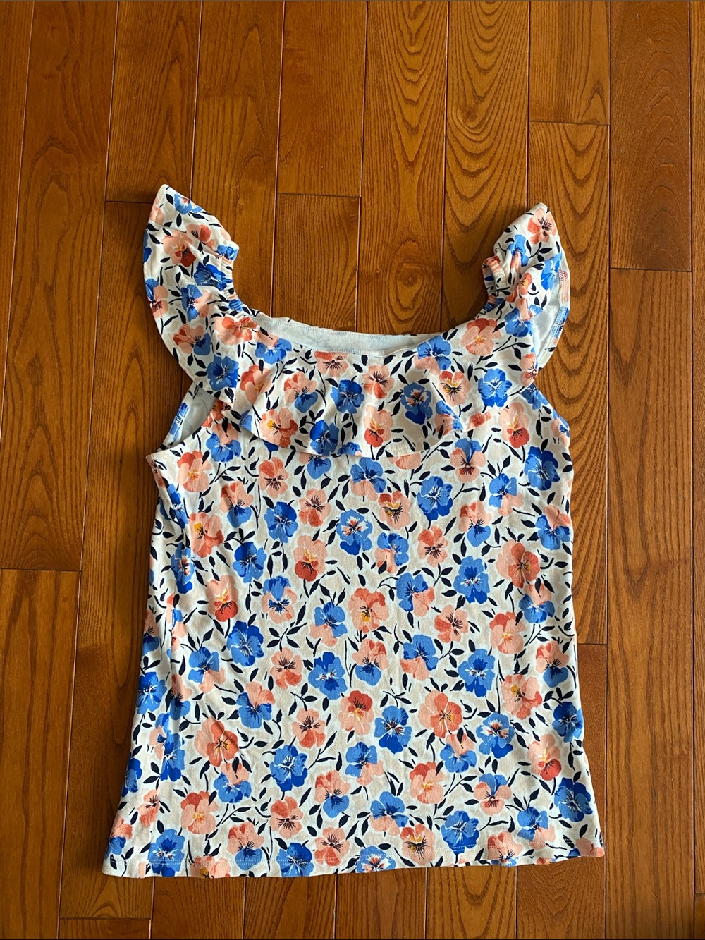 Ann Taylor Factory Blue & Peach Floral Ruffle Tank size M